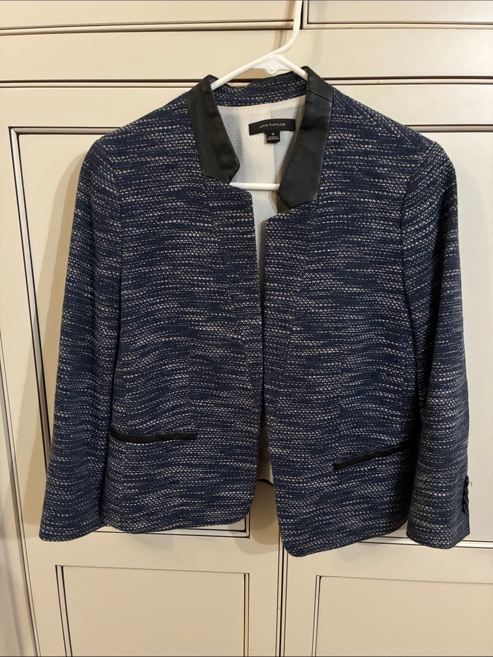 Ann Taylor Navy and White Tweed Open-Front Blazer with Black Trim